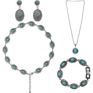 Vintage 4 Pieces Bohemian Turquoise Jewelry Set Western Concho Belt Included